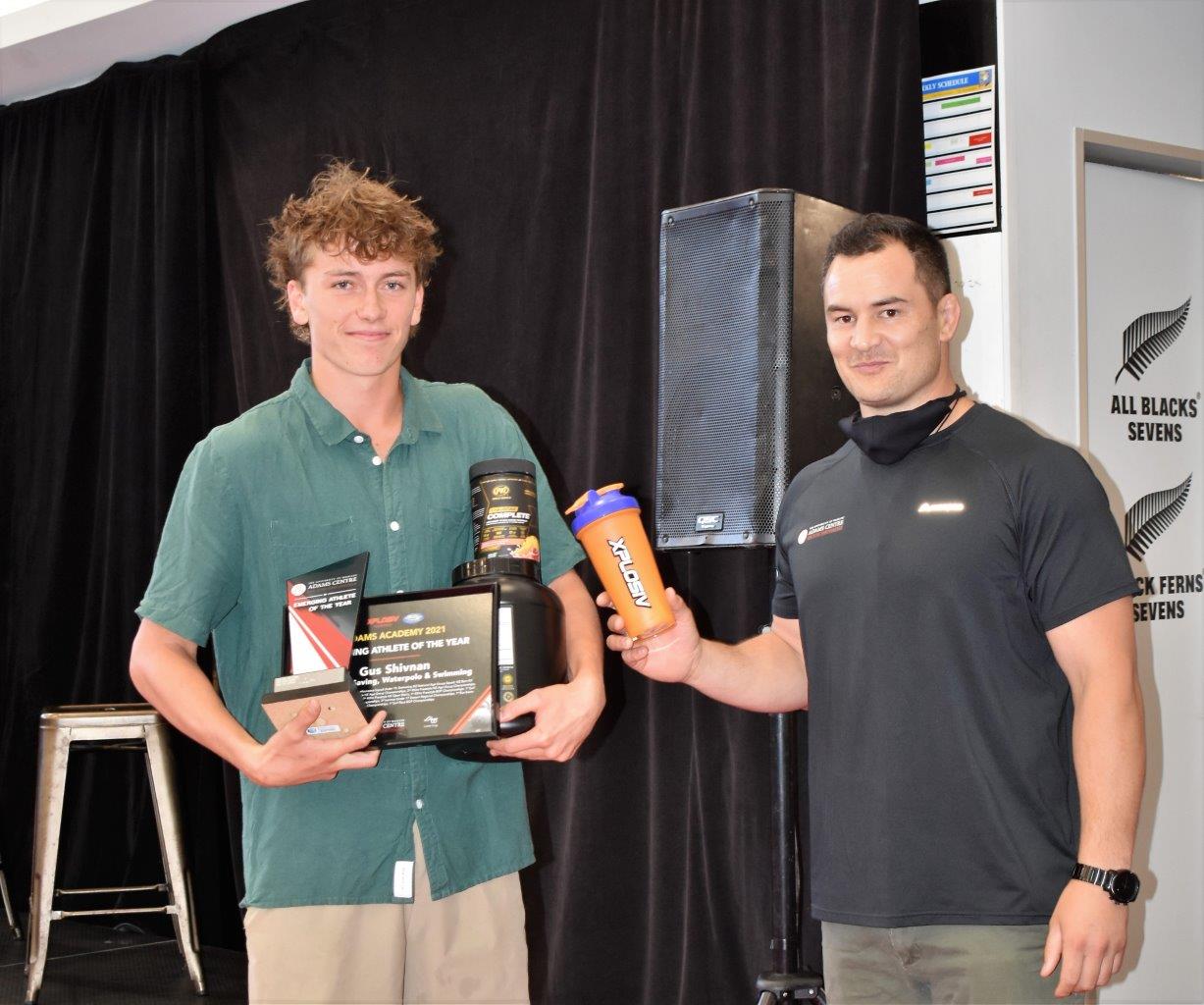 Emerging athlete of the year Gus Shivnan and Jarvy Aoake Adams Academy strength and conditioning coach